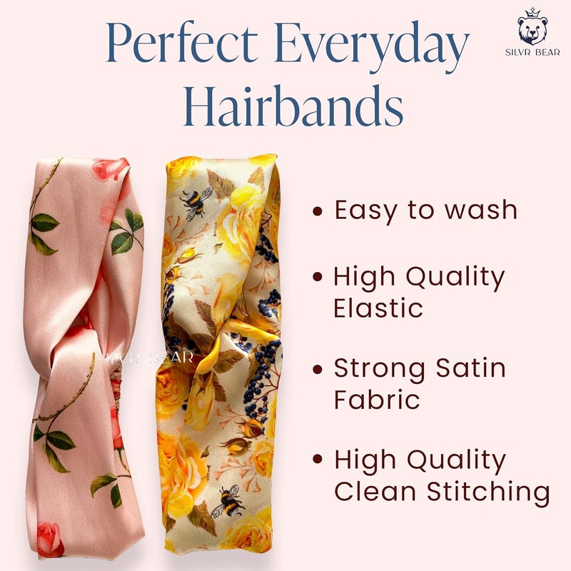 Silvr Bear Luxury Satin Hairband | Pack of 2 | Aesthetic Turban Hairband Korean Style Twisted Cross Knot Head Band for Women | Fabric Elastic hair band for women (Floral Roses For Women & Teens) - Image 2