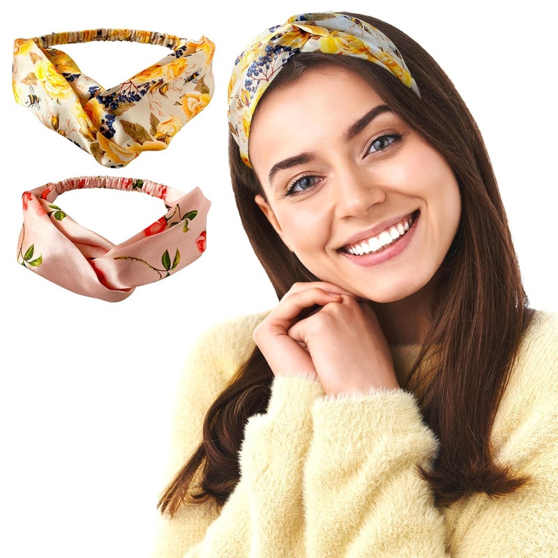 Silvr Bear Luxury Satin Hairband | Pack of 2 | Aesthetic Turban Hairband Korean Style Twisted Cross Knot Head Band for Women | Fabric Elastic hair band for women (Floral Roses For Women & Teens) - Image 1