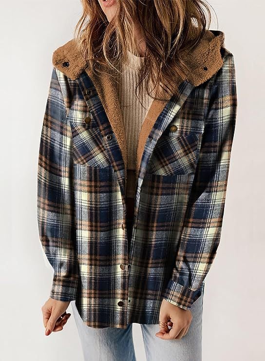 Womens Plaid Wool Hooded Jacket Long Sleeve Winter Coat Dark blue 