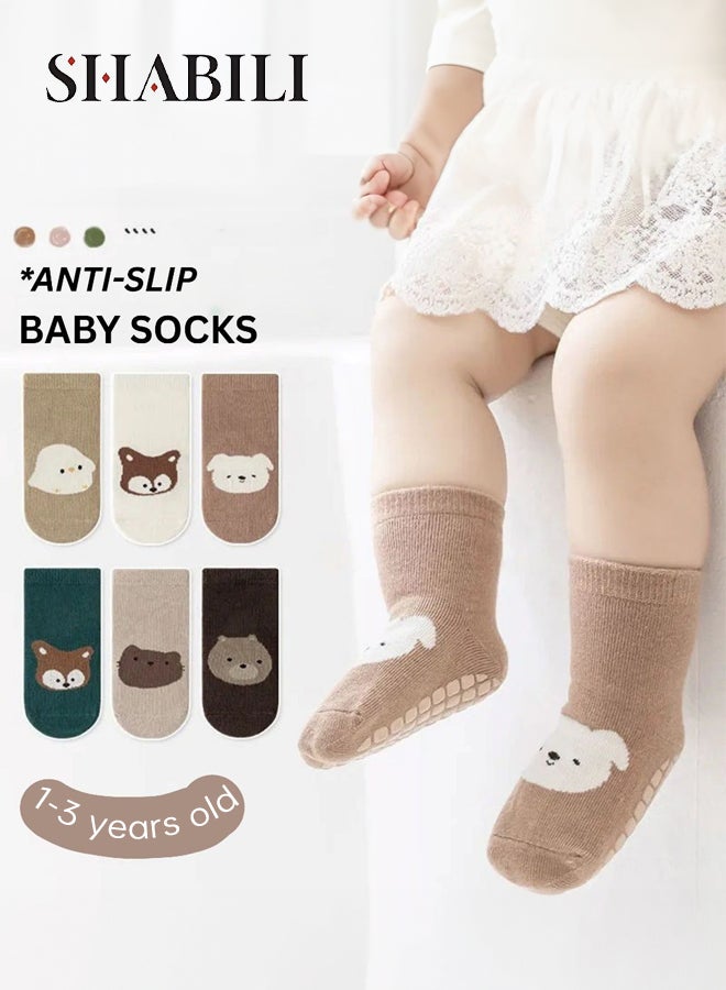 SHABILI Cotton Crew Socks Mid‑Calf Socks Casual Slouch Socks 6‑Pair , Breathable Moisture‑Wicking Anti‑Slip Cuff Durable Anti‑Odor No Pilling, For Kids 1‑3 Years Travel, Gray Khaki White Beige Cinnamon Green - Image 1