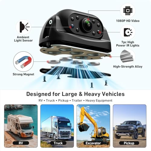 GreenYi 1080P Wired RV Backup Camera with Magnetic Mount, IP68 Waterproof GreenYi Rear View Camera for Truck Pickup Trailer, Night Vision, Heavy-Duty Metal Housing - Image 3