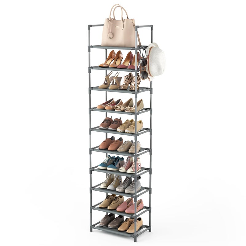 LANTEFUL 10 Tiers Tall Shoe Rack 20-25 Pairs Boots Organizer Storage Sturdy Narrow Shoe Shelf for Entryway, Closets with Hooks, Grey - Image 1