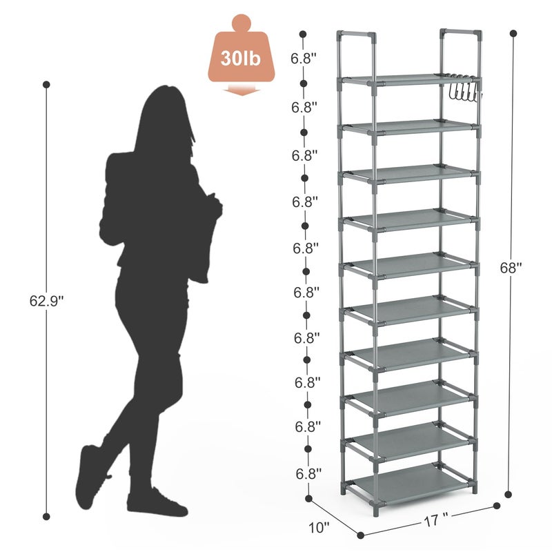 LANTEFUL 10 Tiers Tall Shoe Rack 20-25 Pairs Boots Organizer Storage Sturdy Narrow Shoe Shelf for Entryway, Closets with Hooks, Grey - Image 3