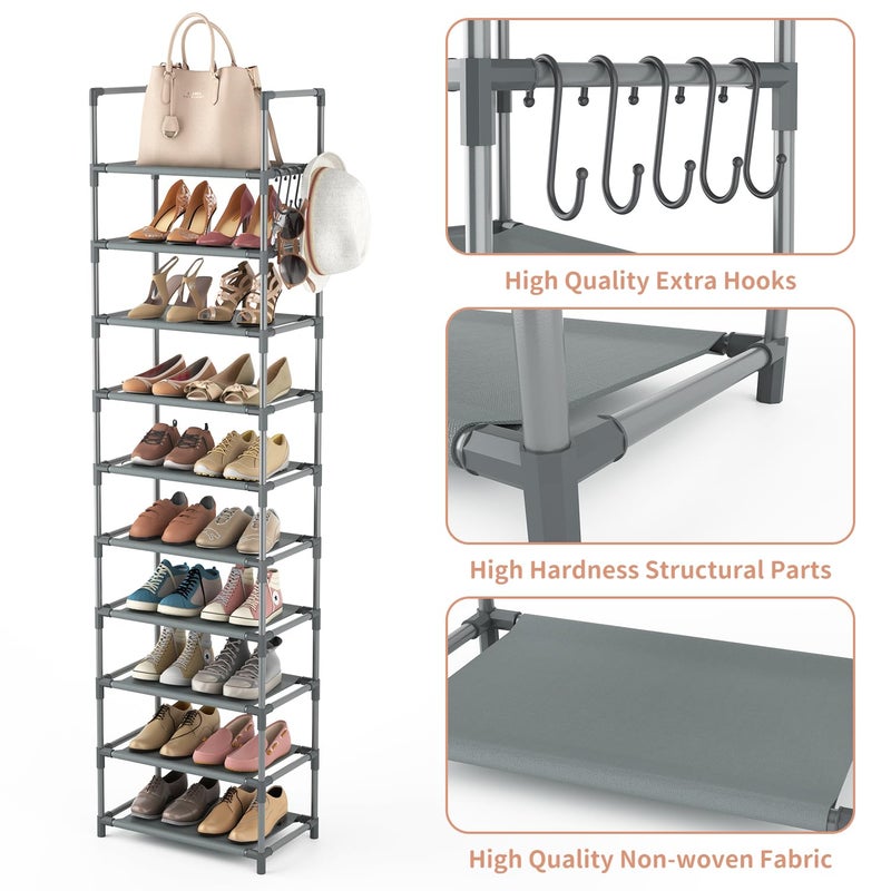 LANTEFUL 10 Tiers Tall Shoe Rack 20-25 Pairs Boots Organizer Storage Sturdy Narrow Shoe Shelf for Entryway, Closets with Hooks, Grey - Image 4