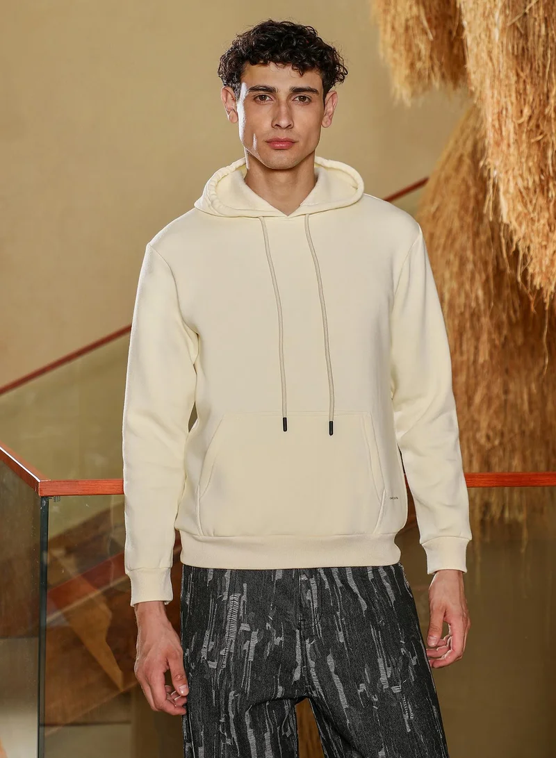 Campus Sutra Men's Oversized Pullover Hoodie | Hooded Neck , Long Ribbed Cuff Sleeves , Pull On Closure , Ribbed-Straight Hem | Solid Knitted Plain For Casual & Daily | Off-White