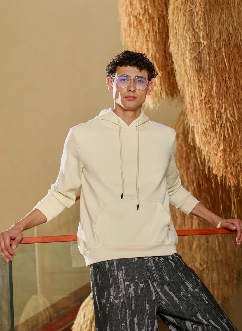 Men's Oversized Pullover Hoodie | Hooded Neck , Long Ribbed Cuff Sleeves , Pull On Closure , Ribbed-Straight Hem | Solid Knitted Plain For Casual & Daily | Off-White