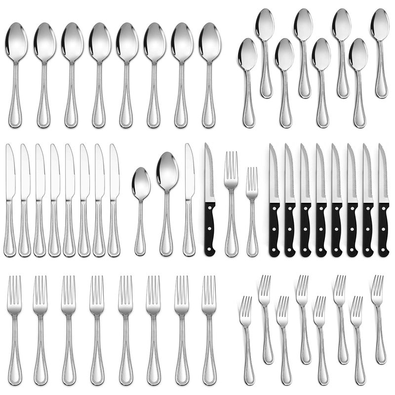LIANYU Silverware Flatware Set for 8, 48-Piece Silverware Cutlery Set with Steak Knives, Stainless Steel Eating Utensils Tableware Include Forks Spoons Knives, Beaded Edge, Dishwasher Safe - Image 1