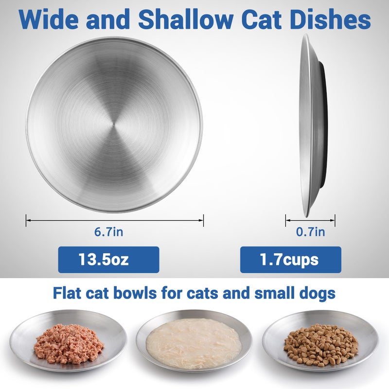 Kitwinney Stainless Steel Cat Bowls, 6.7" Wide and Shallow Cat Food Bowl Set with Silicone Ring for Non Slip, Flat Metal Cats Dishes or Plates for Feeding Indoor Cats, Kitten, Small Dogs (Silver-2 Pack) - Image 4