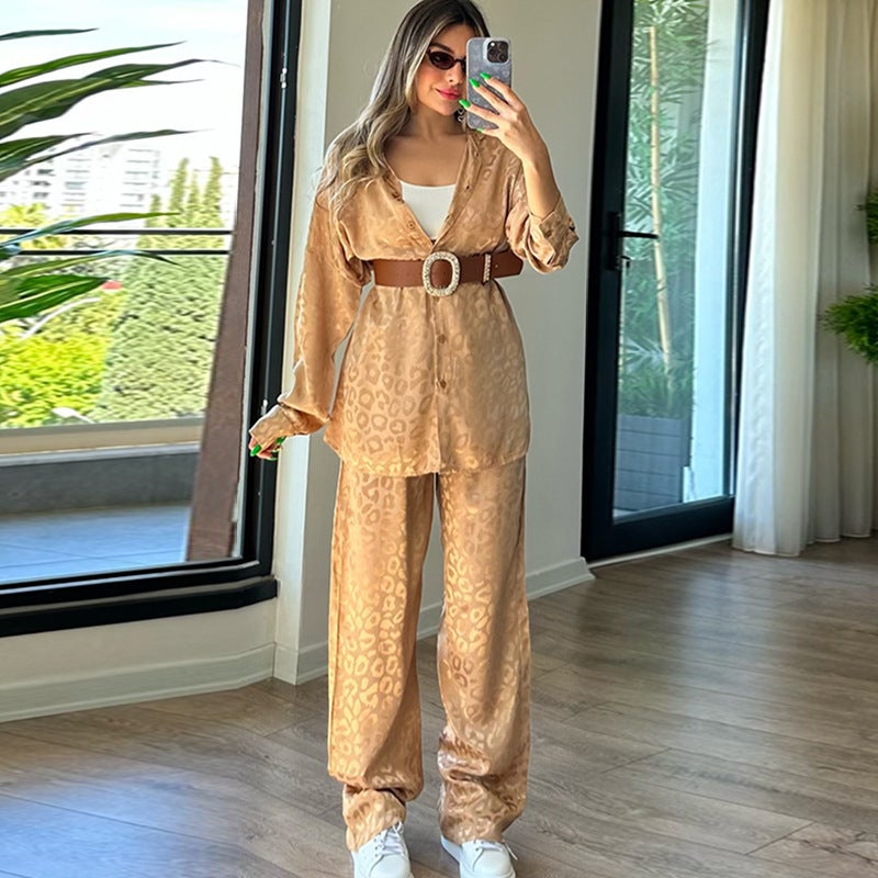 Autumn Womens Chic Leopard Print Loose Two-Piece Set Coffee  - Image 1