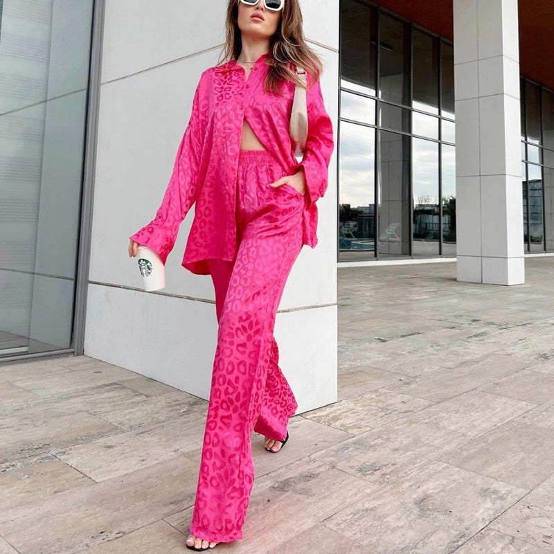 Autumn Womens Chic Leopard Print Loose Two-Piece Set Coffee  - Image 3