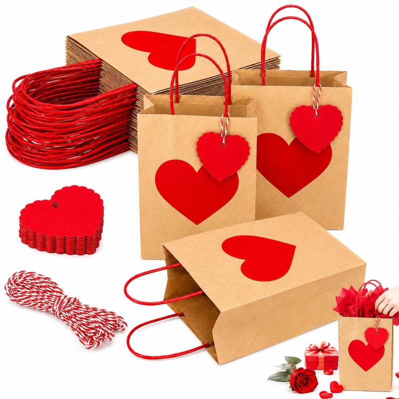 Red Heart Gift Bags 8.4x5.9x3.1 Inches Recyclable Kraft Paper with Tags - Personalizable Eco-Friendly Favor Bags for Weddings - Image 1