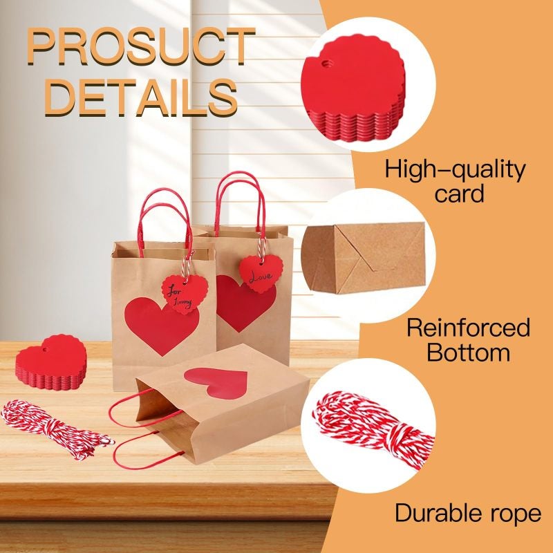 Red Heart Gift Bags 8.4x5.9x3.1 Inches Recyclable Kraft Paper with Tags - Personalizable Eco-Friendly Favor Bags for Weddings - Image 3