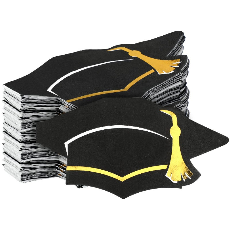 Panelee Panelee 100 Pcs Congrats Grad Napkins 2025 Graduation Cap Napkins with Gold Tassel Disposable Black Graduation Party Cocktail Supply Grad Party Decorations 
