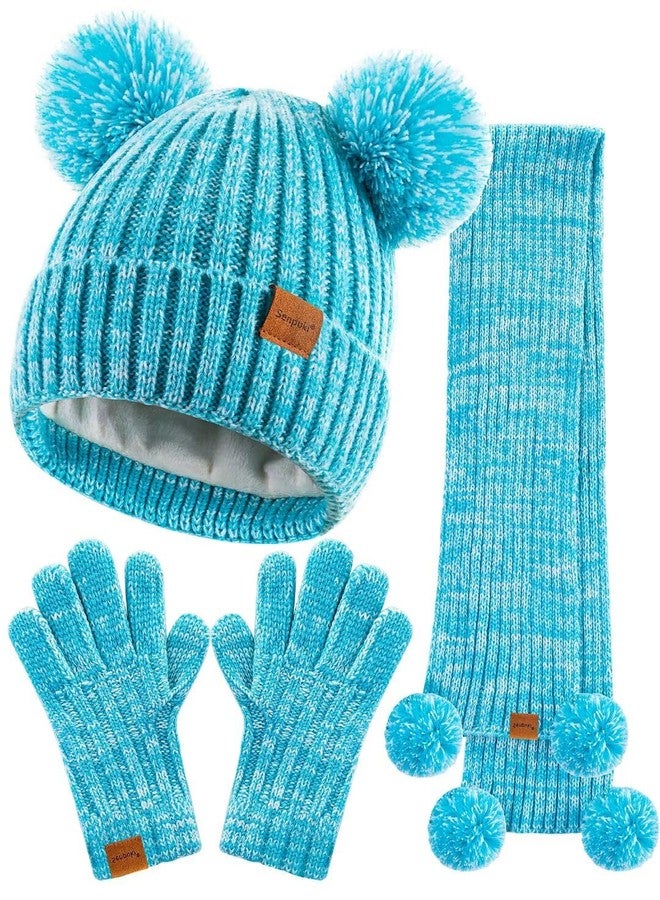 SENPUKI Kids Winter Hat Gloves Scarf Set, Girls Toddler Children Beanie with Pom Knit Neck Warmer Gaiter Mittens Fleece Lined Set（Mint Green Mix） - Image 1