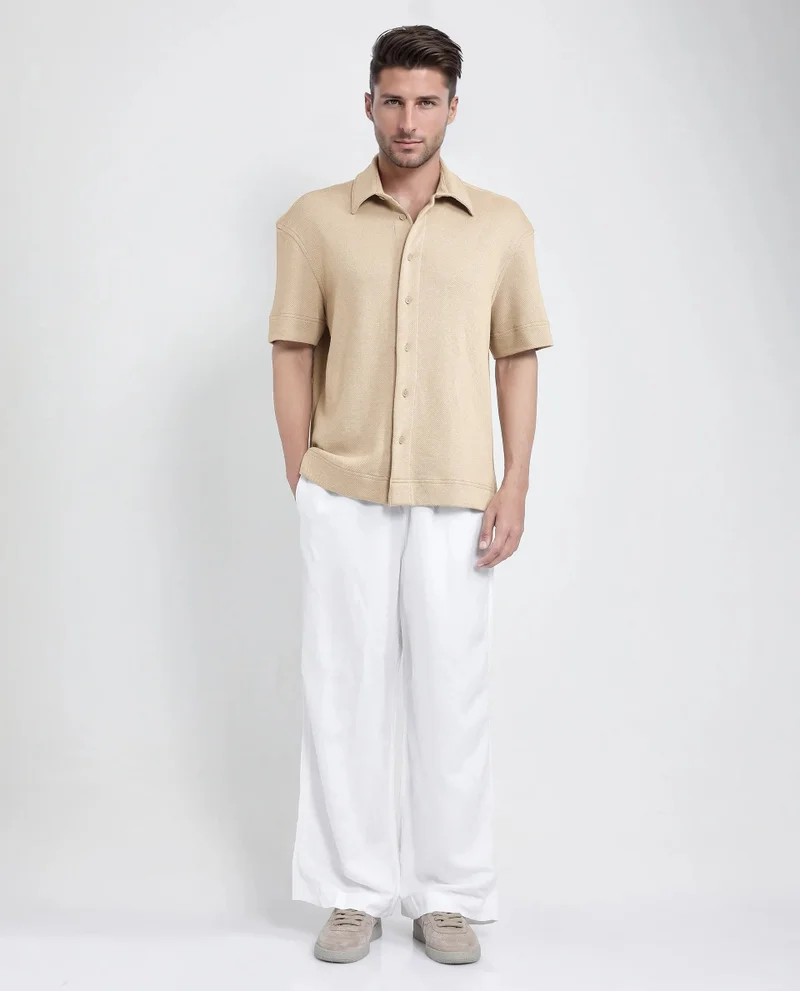 Rare Rabbit Rare Rabbit Men Kash Beige Viscose Fabric Half Sleeve Collared Neck Button Closure Oversized Fit Plain Shirt