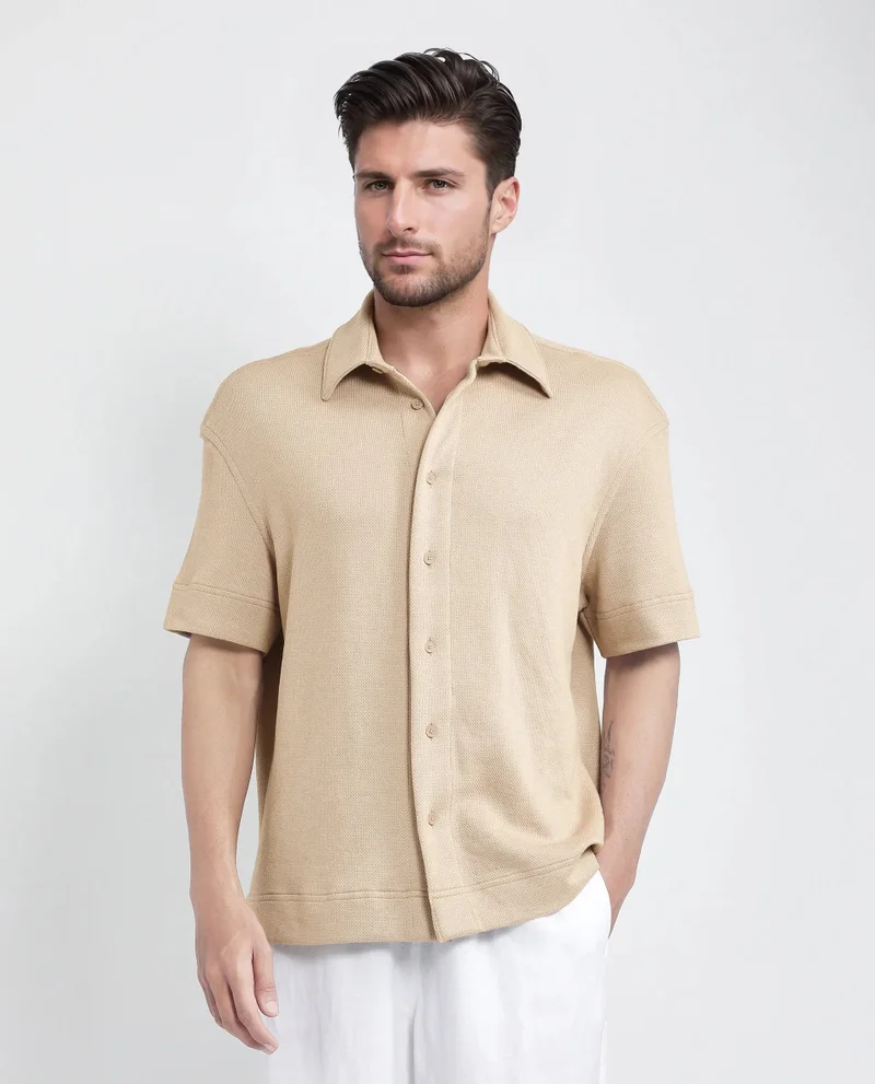 Rare Rabbit Rare Rabbit Men Kash Beige Viscose Fabric Half Sleeve Collared Neck Button Closure Oversized Fit Plain Shirt