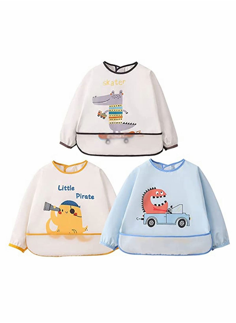 Y&D Baby Bibs, Long Sleeves Waterproof Toddler Bib Smock Apron Set, with Food Catcher Pocket, Soft Machine Washable Stain Odor Resistant, Cartoon Painting Smocks for Play Time (3Pcs, Size:L)  - Image 1