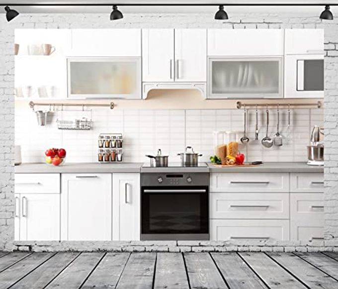 BELECO 7X5Ft Fabric Modern Kitchen Backdrop For Photography White Kitchen Wall Background For Video Recording Cooking Party Decorations Kids Adults Portrait Photoshoot Studio Booth Props Wallpaper - Image 3