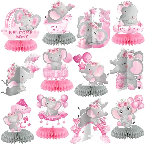 Moinchore 12 Pcs Pink Elephant Baby Shower Decorations Honeycomb Centerpieces Elephant Baby Shower Table Decoration Balloon Moon Flowers Table Topper for Birthday Party Favors Supplies - Image 1