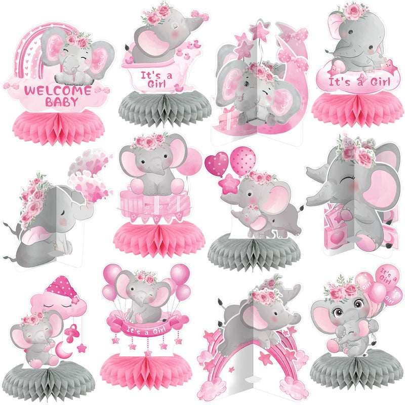 Moinchore 12 Pcs Pink Elephant Baby Shower Decorations Honeycomb Centerpieces Elephant Baby Shower Table Decoration Balloon Moon Flowers Table Topper for Birthday Party Favors Supplies - Image 3