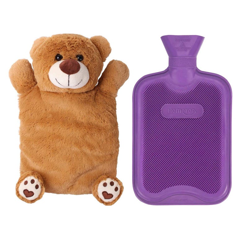HomeTop Premium Classic Rubber Hot or Cold Water Bottle with Cute Stuffed Animal Cover 2 Liter Purple