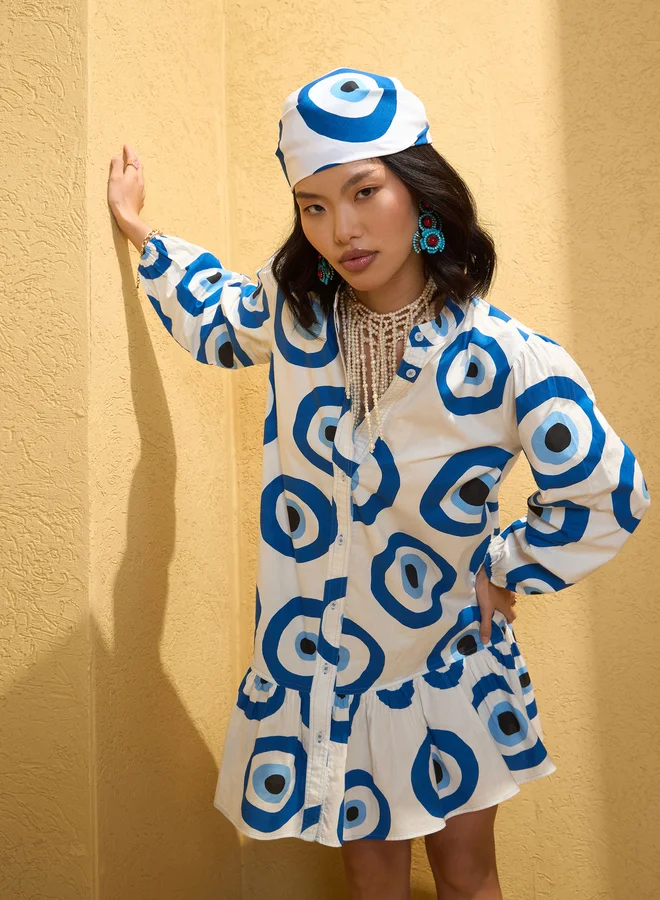 SASSAFRAS Sassafras White Evil Eye Print Shirt Mini Dress