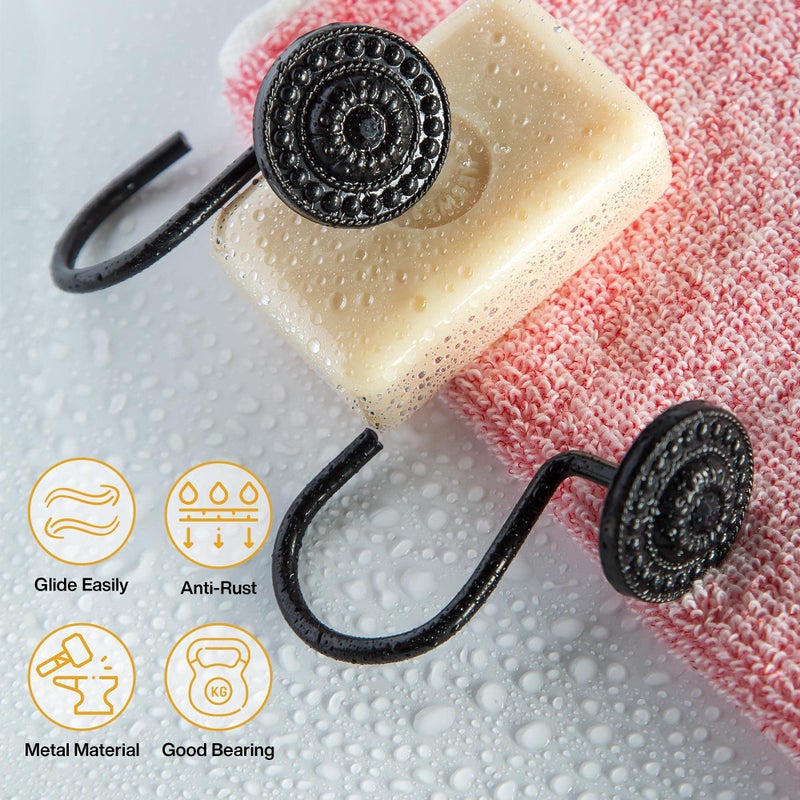 iToplin Black Shower Curtain Hooks, Rust Proof Decorative Shower Curtain Rings for Bathroom, Shower Curtain Hooks for Shower Liner, 12Pcs - Image 4
