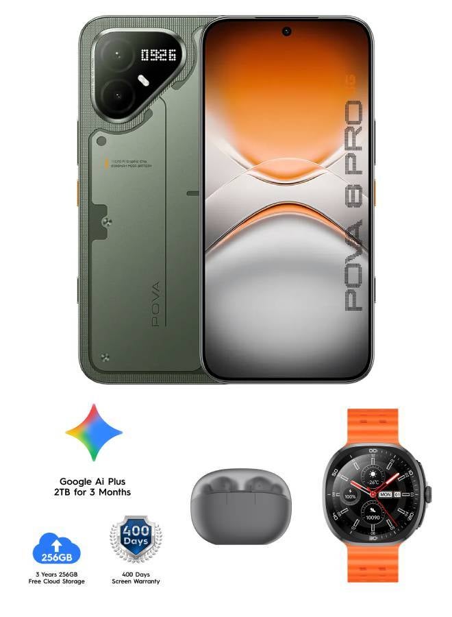 TECNO POVA 8 Pro 5G 256GB 12+12GB Tundra Green + Free Gift ( Buds4 + 256GB Free Cloud Storage + 400 Days Screen Warranty + Google AI Plus 2TB for 3 Month) With Tecno Neo Watch (two silicone bands included) - Image 1