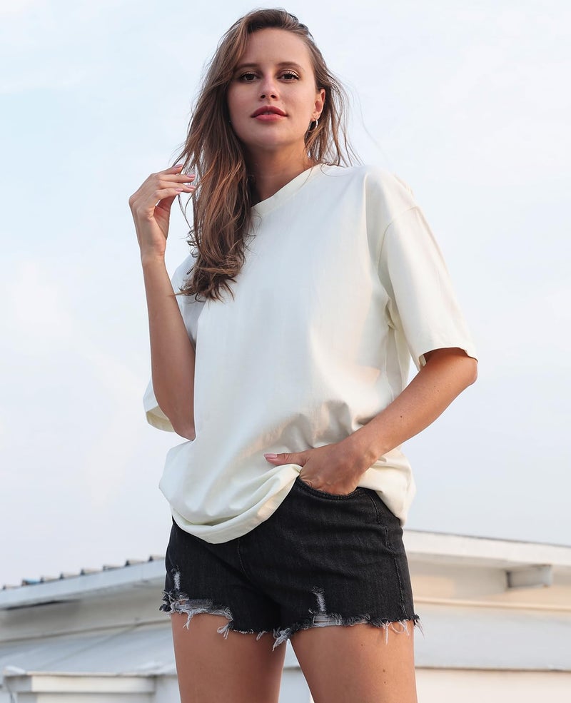 SnowElve Womens Oversized T-Shirts Heavyweight Cotton Tee Crew Neck Short Sleeve T Shirts Loose Fit Basic Essential Classic Tees(CSTX,White,XL) - Image 2
