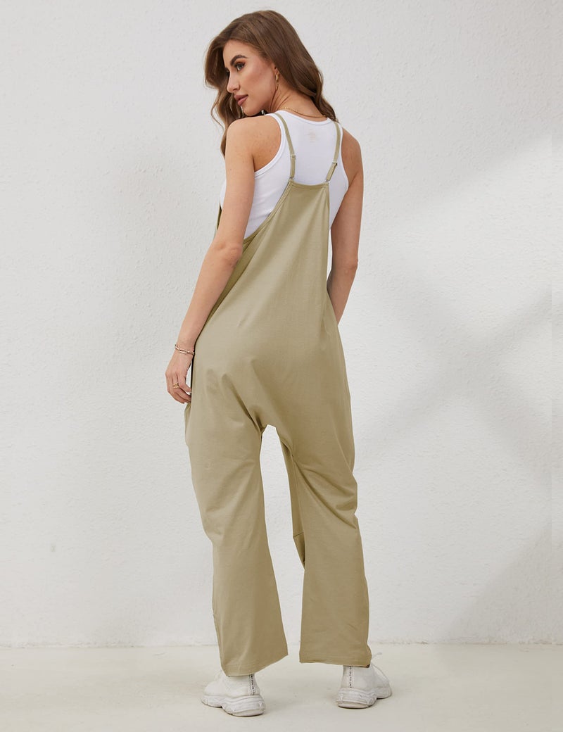 Lentta Women's Causal Jumpsuits V Neck Sleeveless Harem Overalls Stretchy Adjustable Strap Romper with Pockets(DarkKhaki-XXL) - Image 5