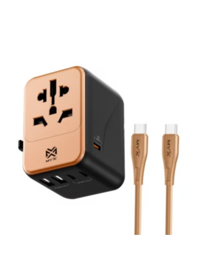 MYX Travel ex 35W Premium International Travel Adapter – 5-Port USB + USB-C PD Fast Charger with Universal AC Plug for EU, UK, USA, AU, Asia – Golden Edition - Image 1