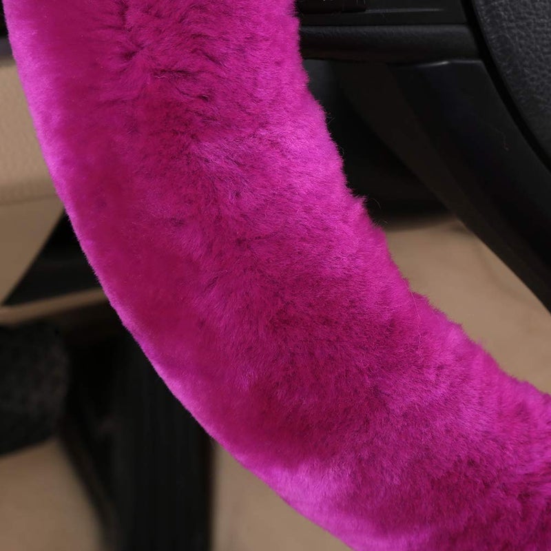 OGLAND Fluffy Fur Wool Sheepskin Car Steering Wheel Cover for Woman Universal Auto Fuzzy Steering Wheel 14 1/2 inch-15 1/2inch Protector, Comforting Luxurious Soft (Magenta) - Image 3