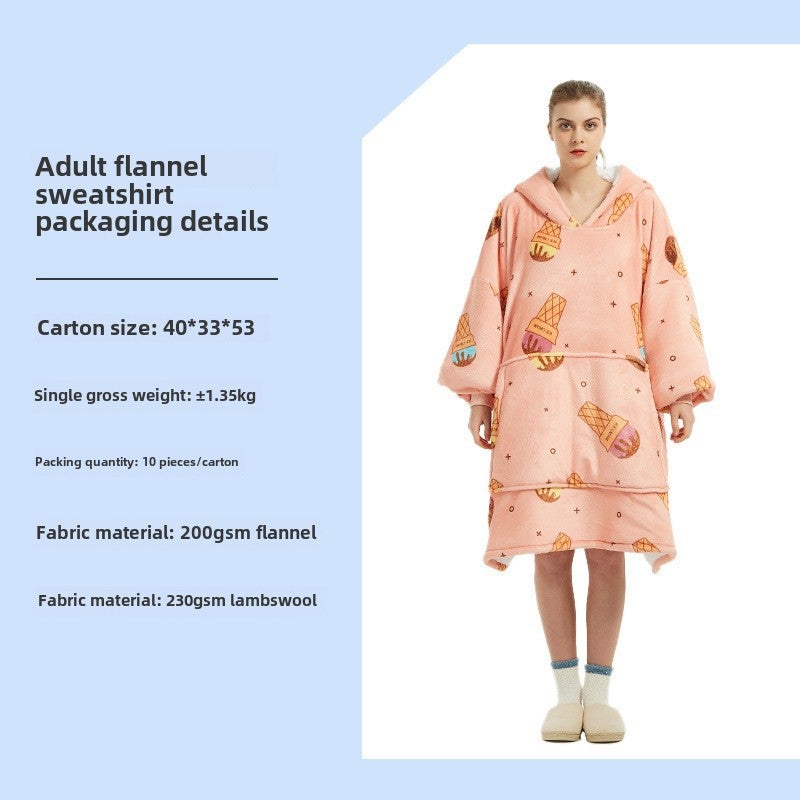 Oversized Hoodie Blanket Flannel Couples Loungewear Pink Ice Cream-Adult Double Layer 