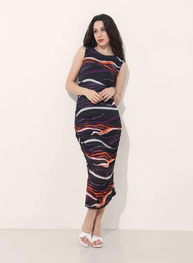 Freehand Women Regular Fit Abstract Printed Round Neck Sleeveless Gathered Dress