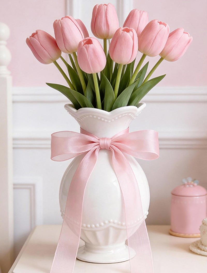 Pecfamly Aesthetic Flower Vase - Coquette Room Decor - Coquette Bow Vase - Bow Room Decor - Cute Flower Vase - Bow Decor Bedroom - Cute Vase - Pink Bow Decor - Room Decor Coquette - Cute Room Decor - Image 1