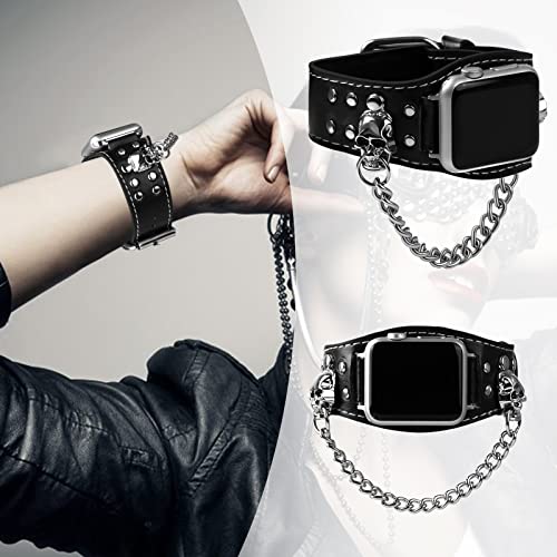 VIQIV Leather Skull Cuff Bracelet Compatible with Apple Watch Band Ultra 49mm 44mm 45mm 42mm 41mm 40mm 38mm Series 9 8 7 6 5 4 3 2 SE for Men Women Punk Steampunk Wrist Watch Strap for iwatch Band - Image 3