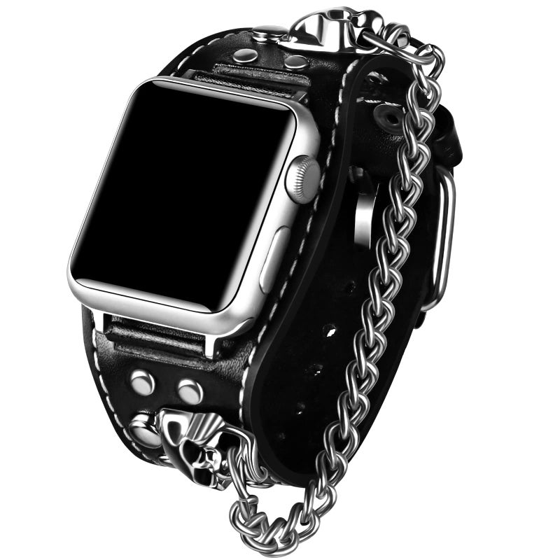 VIQIV Leather Skull Cuff Bracelet Compatible with Apple Watch Band Ultra 49mm 44mm 45mm 42mm 41mm 40mm 38mm Series 9 8 7 6 5 4 3 2 SE for Men Women Punk Steampunk Wrist Watch Strap for iwatch Band - Image 2