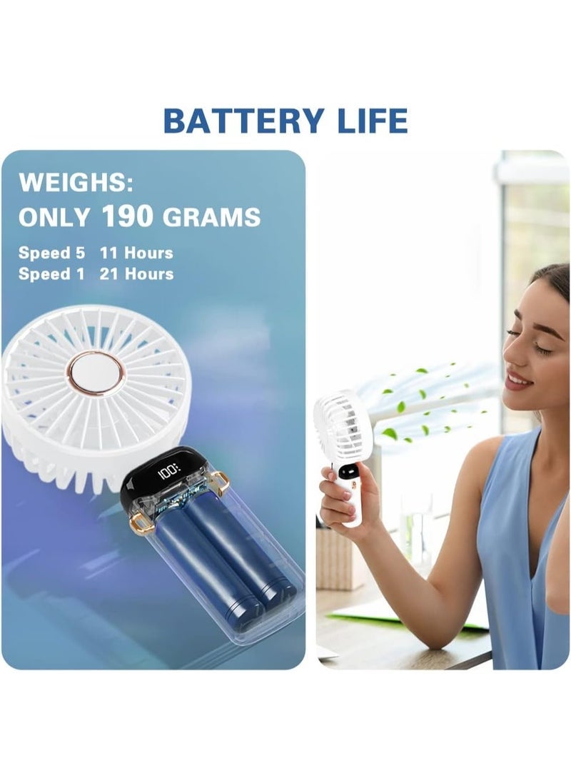 Yakiter Portable folding handheld small fan, rechargeable small fan, 90° folding mini desktop fan, Led digital display, 5-speed outdoor Indoor multi-function fan (White) - Image 5