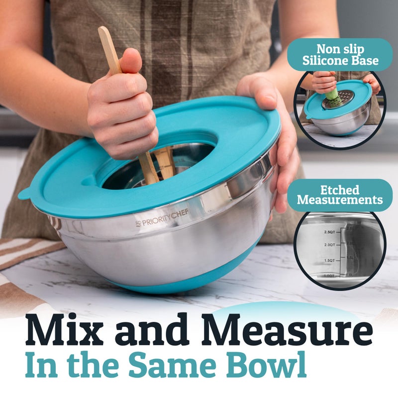 Priority Chef 6Pc Large Mixing Bowls With Lids Set with Non-Slip Bases, Stainless Steel Mixing Bowl Set, 6 Airtight Lids and 3 Graters, Turquoise - Image 3