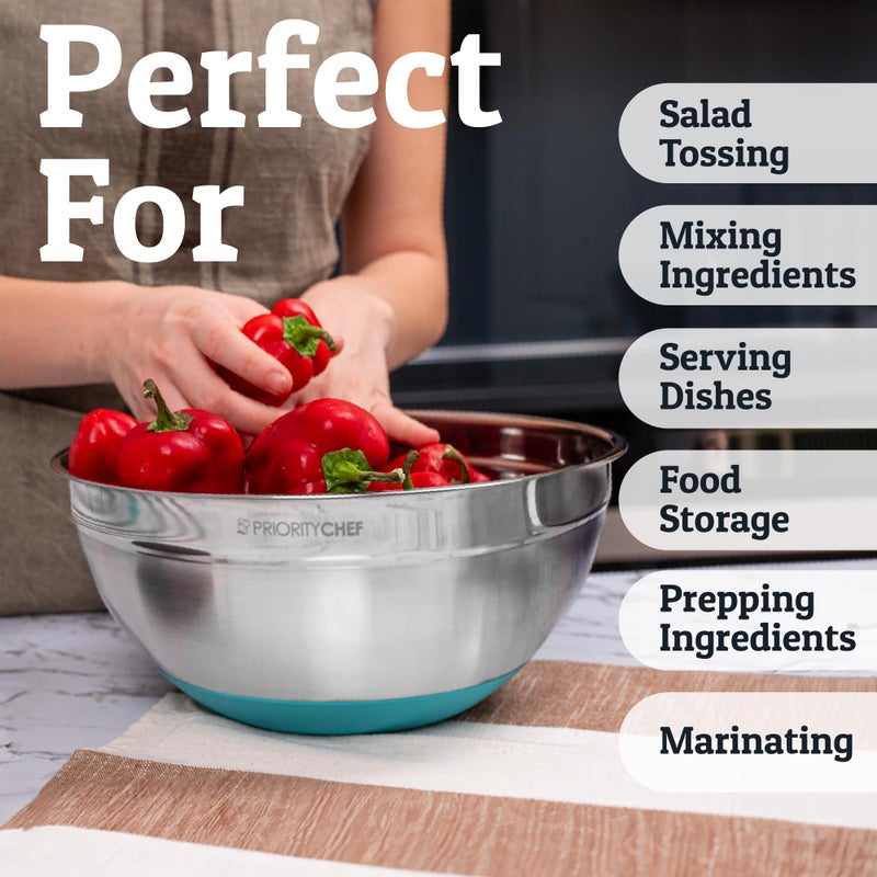 Priority Chef 6Pc Large Mixing Bowls With Lids Set with Non-Slip Bases, Stainless Steel Mixing Bowl Set, 6 Airtight Lids and 3 Graters, Turquoise - Image 5
