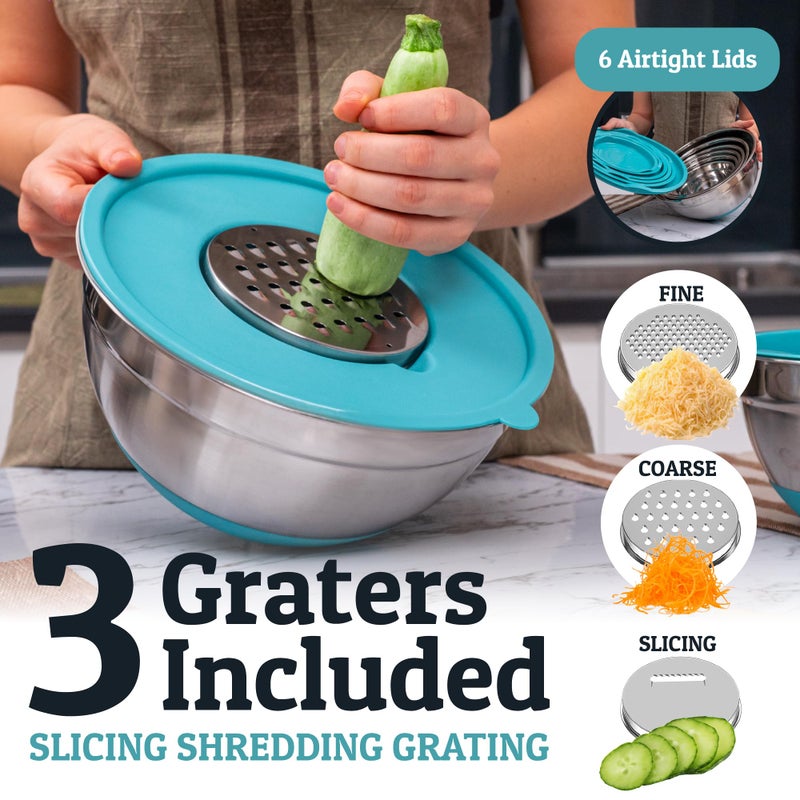 Priority Chef 6Pc Large Mixing Bowls With Lids Set with Non-Slip Bases, Stainless Steel Mixing Bowl Set, 6 Airtight Lids and 3 Graters, Turquoise - Image 4