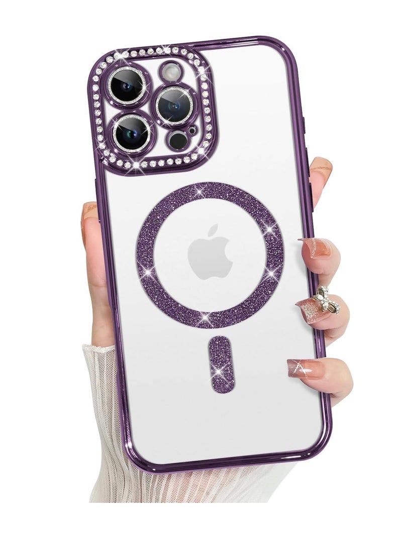 Case Compatible with iPhone 16 Pro Max Mobile Phone Case, Diamond Glitter Sequins Mag-Safe Magnetic Transparent Protective Case, Soft TPU Thin Shockproof Cover Shiny Rhinestone Case, Purpel