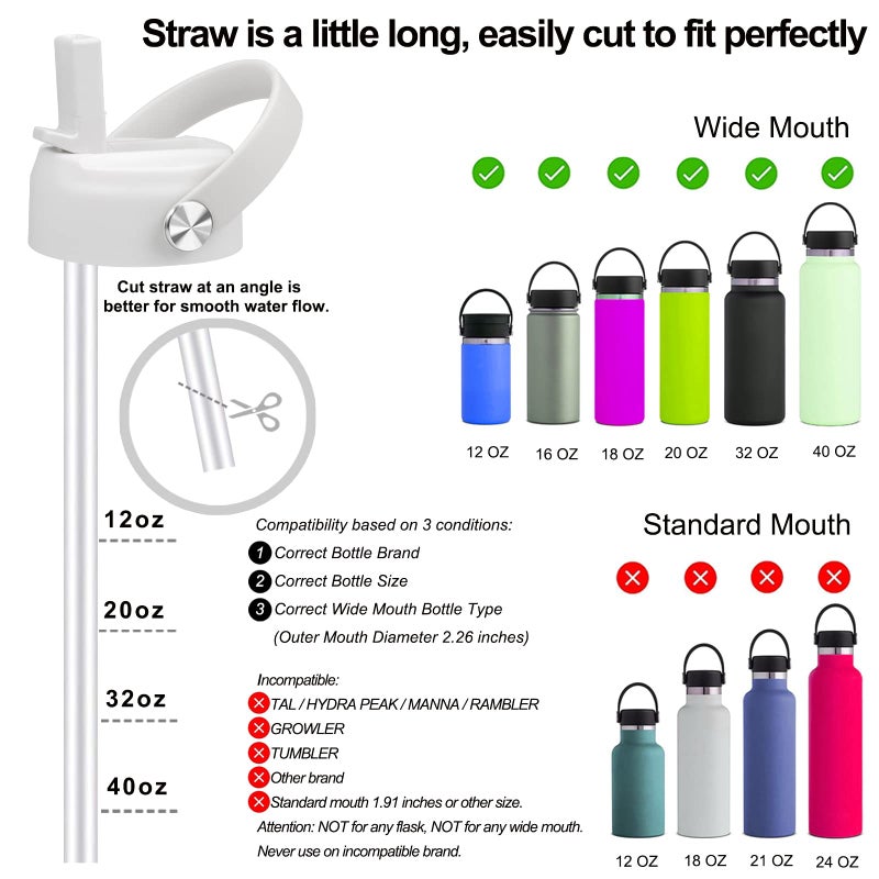 FLORAPELL Straw Lid for Hydro Flask Wide Mouth Water Bottles, Top Lids with Straw Compatible with Hydro Flask 32 40 oz, Replacement Cap Wide Mouth Straws Flip Lid Flex Handle (White) - Image 3