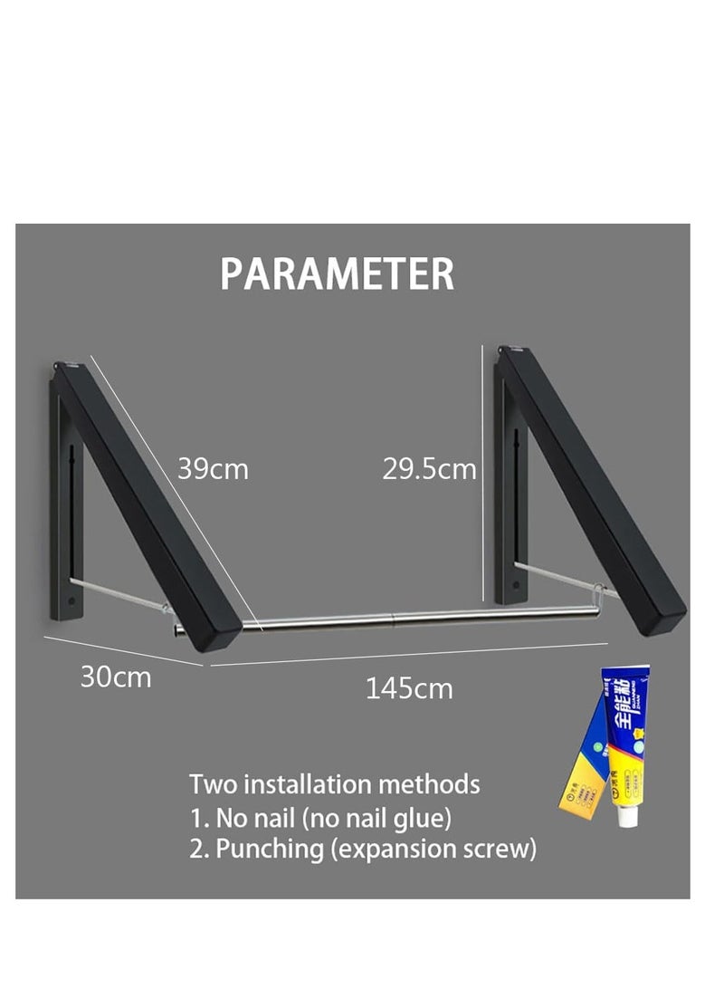 Foldable Clothes Drying Rack Wall Mounted Clothes Hanger Dual Purpose Folding Clothes Hanging Rod for Balcony Bedroom Bathroom and Laundry Room (Black) - Image 2