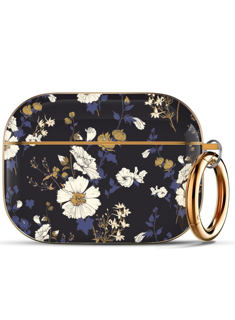 O Ozone Case for Airpods Pro 2nd Generation , Stylish Premium Cute Flower Skin Hard PC Shockproof Protective Cover with Keychain Hook -Black With Flower  - Image 1