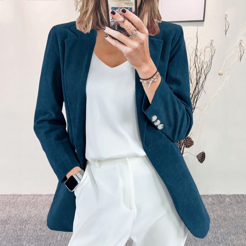Suit coat 2024 autumn and winter new European and American cross-border temperament slim solid color casual cardigan corduroy coat women Light coffee - Image 5