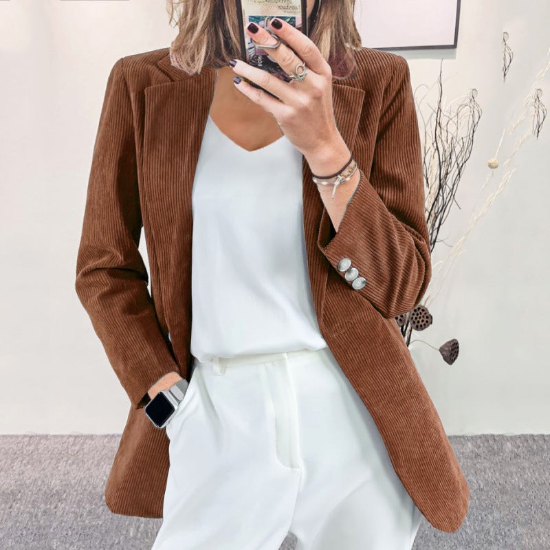 Suit coat 2024 autumn and winter new European and American cross-border temperament slim solid color casual cardigan corduroy coat women Light coffee - Image 1