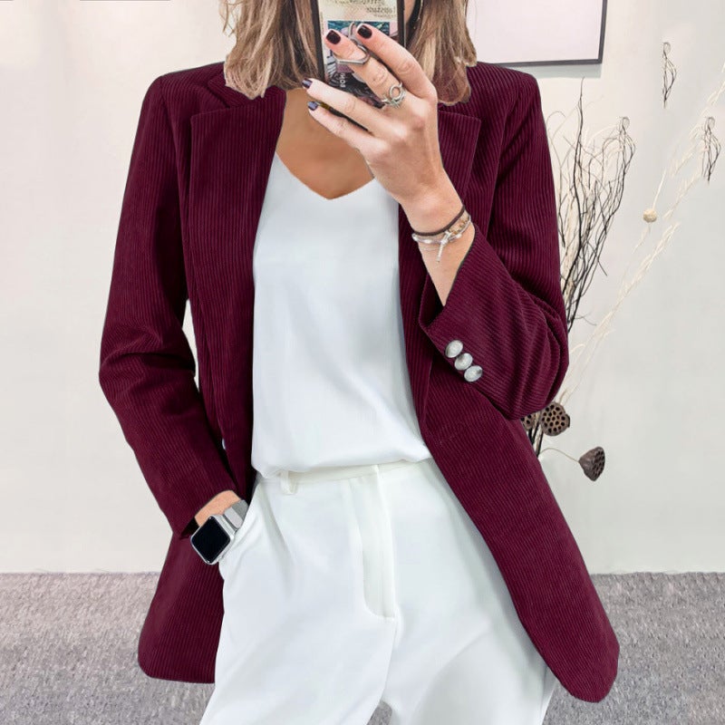 Suit coat 2024 autumn and winter new European and American cross-border temperament slim solid color casual cardigan corduroy coat women Light coffee - Image 2