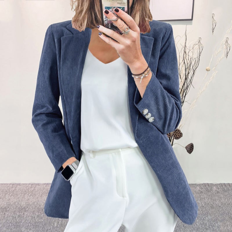Suit coat 2024 autumn and winter new European and American cross-border temperament slim solid color casual cardigan corduroy coat women Light coffee - Image 3