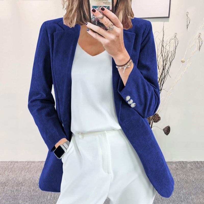Suit coat 2024 autumn and winter new European and American cross-border temperament slim solid color casual cardigan corduroy coat women Light coffee - Image 4